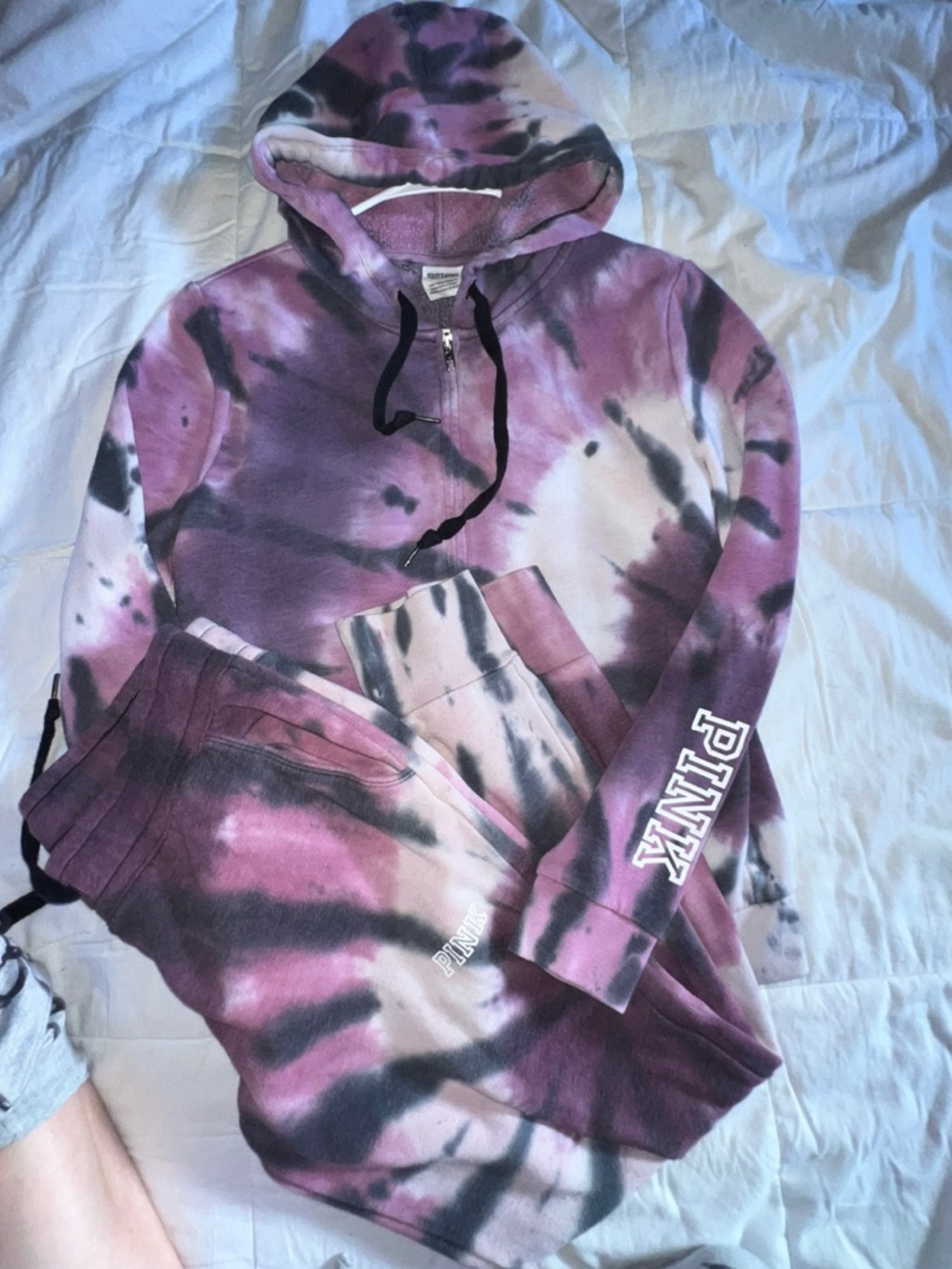 PINK Tie-Dye Full Zipper Hoodie & Jogger Set - Purple Black Cream